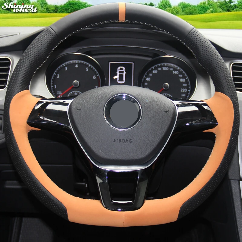 

Shining wheat Apricot Suede Black Genuine Leather Car Steering Wheel Cover for Volkswagen VW Golf 7 Mk7 New Polo Jetta Passat B8