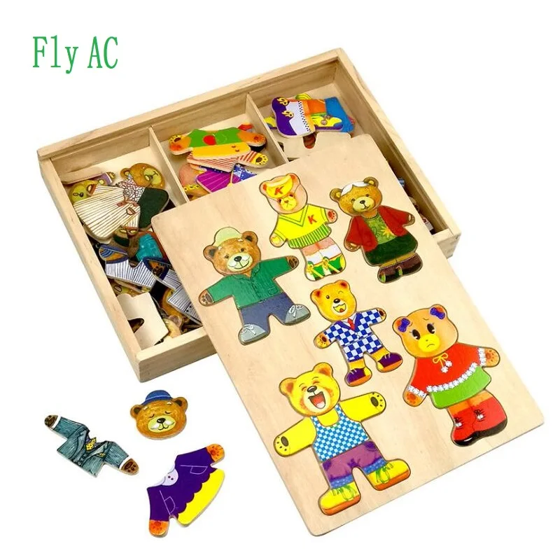 

Fly AC Wooden Jigsaw Puzzle Bear Family Dress up Toys for Preschool Toddlers Kids Development Practice and Senses Toys gifts