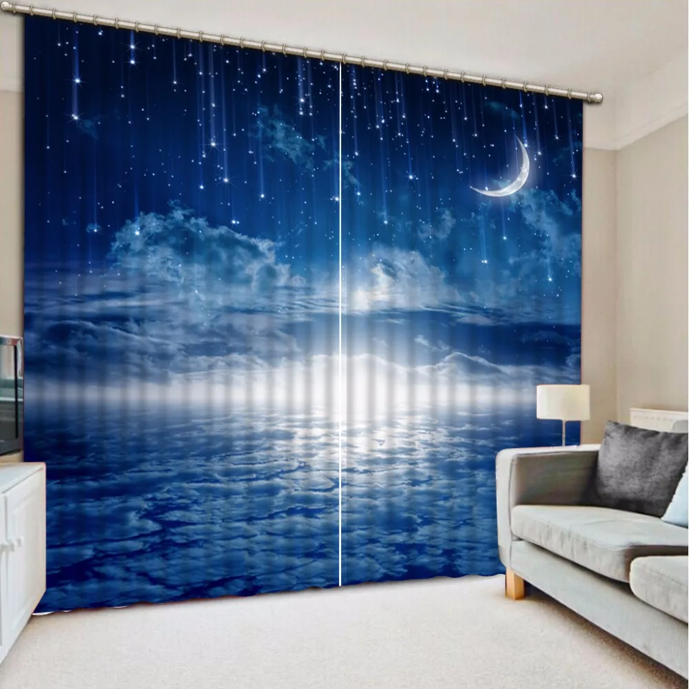 

Custom Curtain Blackout Curtain Fabric Blue Sky Moon Meteor Shower Curtains For Bedroom