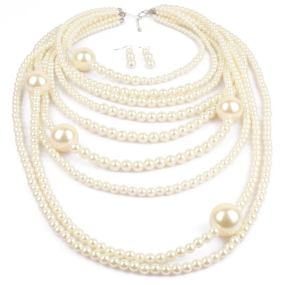 Fashion Brown White Multilayer Imitation Pearls Necklace Earrings Jewelry Sets Women Indian Statement Maxi Long Collar Necklace