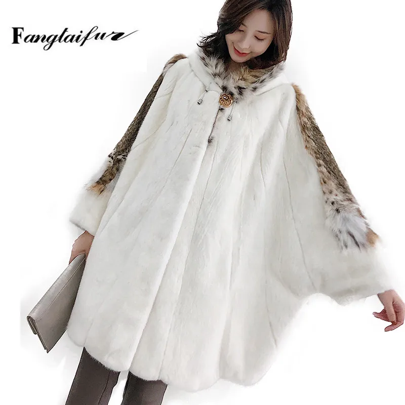 Ftangaiur Winter Import Copenhage Velvet Mink Fur Coat Full Batwing Sleeve Mink Coat With Fur Hood Loss Medium Mink Fur Coats