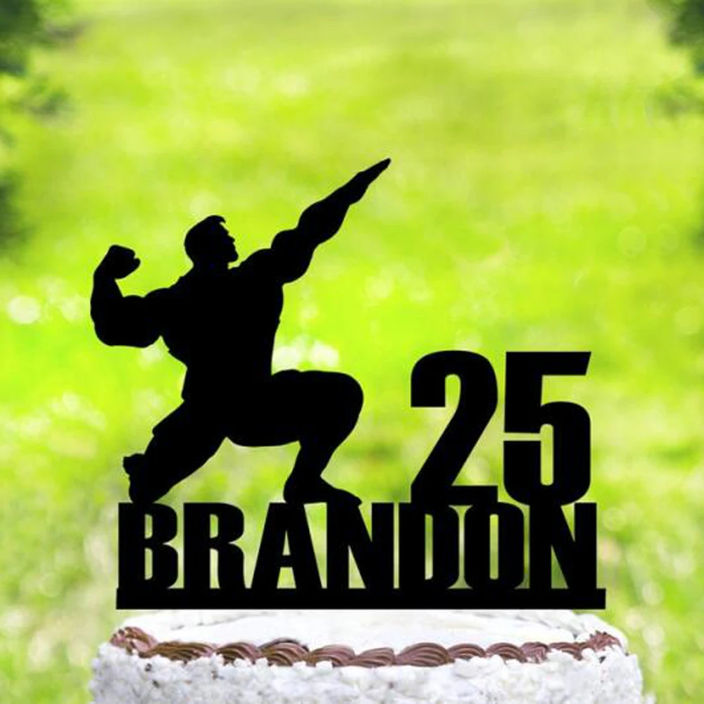 Custom name and age Muscle man Happy birthday cake topper,Sports men silhouette cake topper,  Bodybuilder birthday Party topper