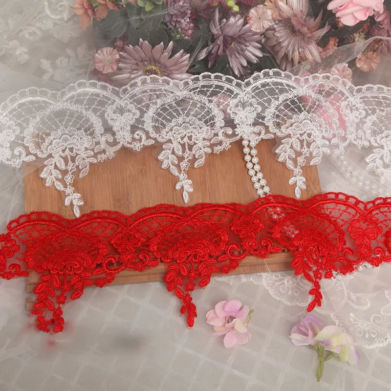 12Yards Ivory Red Lace Trim Elegant Beautiful Bridal Veil DIY Ornaments Lace Textiles Fabrics