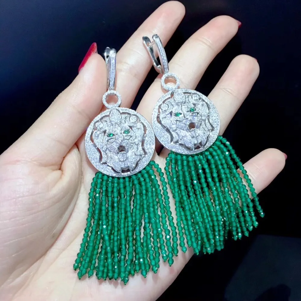 long tassels earring green color 925 sterling silver with cubic zircon lion drop earring vintage fine women jewelry