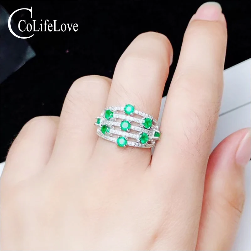 

Luxurious emerald ring 9 pieces natural emerald silver ring solid 925 silver emerald jewelry birthday gift for lady