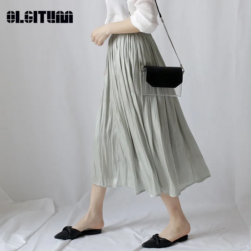 

New OLGITUM 2020 Spring Summer Ins Style High Waist Women Skirt Solid Silky Large Swing Umbrella Skirt Female 7 COLOR SK298