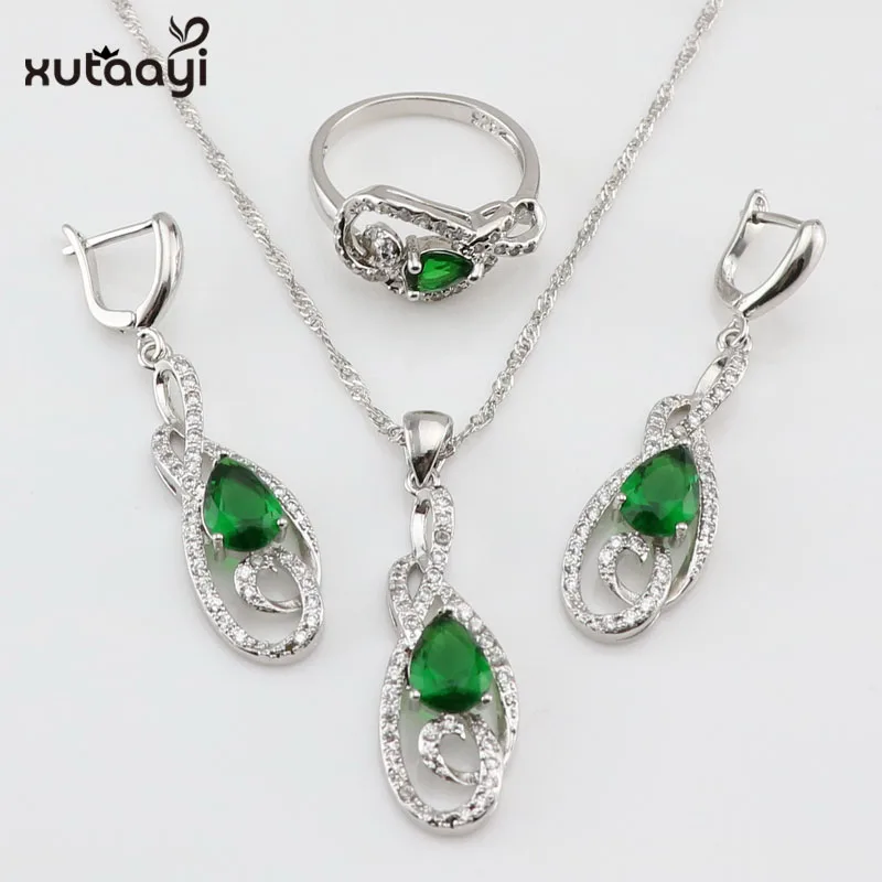 XUTAAYI  Sterling Silver Jewelry Sets Green created Emerald Superb Necklace Rings Earrings/Bracelet For women Free box