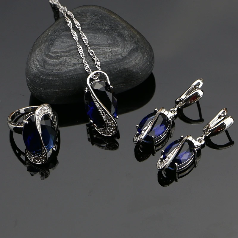 

Комплект ювелирных изделий из серебра 925 пробы, с синим кубическим цирконием, с белыми бусинами, для женщин, свадебные серьги/кулон/Кольцо/ожерелье