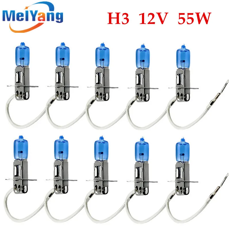 

10pcs H3 55W 12V Super Bright White Fog Lights Halogen Bulb High Power Car Headlight Lamp Car Light Source parking auto