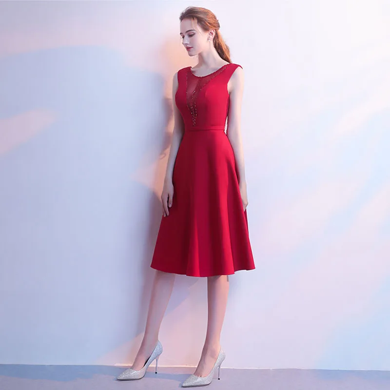 Vestido Corto De Fiesta sin mangas, rojo, para baile De graduación, con cuentas, hasta la rodilla, Formal, sencillo, Corto, 2019