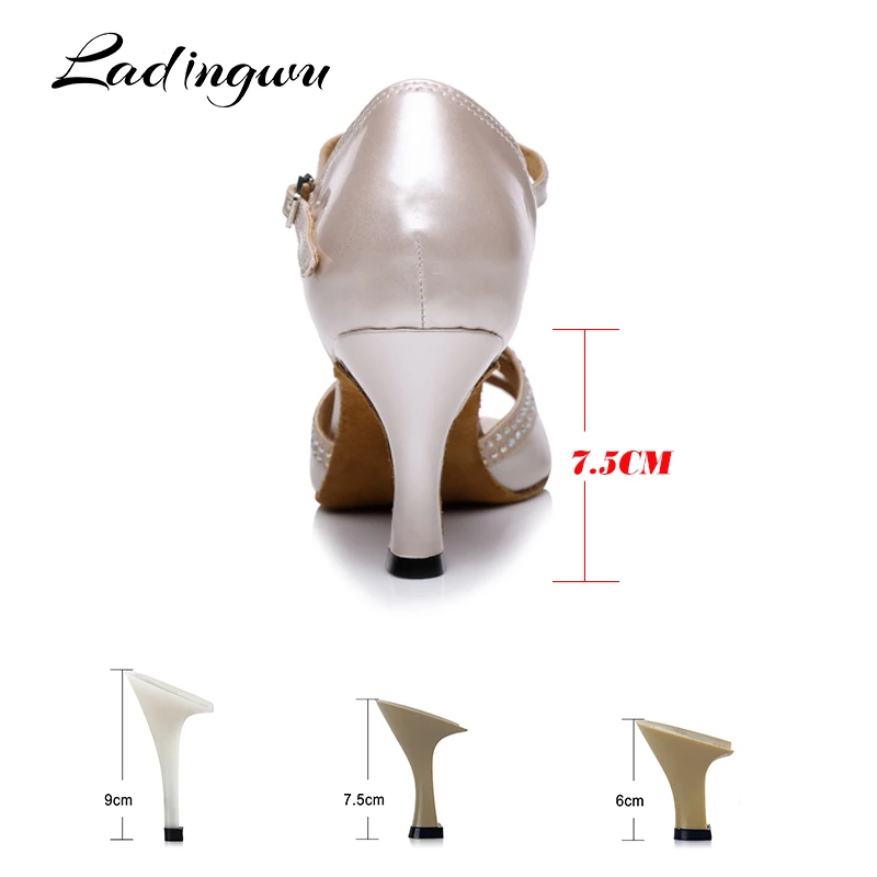 Ladingwu latin Dance Shoes Women Unique tailoring Apricot PU and Rhinestones Salsa Dance Shoes Soft Bottom Ballroom Dance Shoes