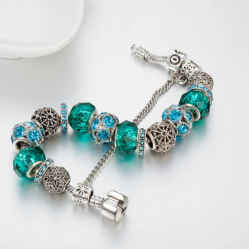 ANNAPAER High Quality Blue Crystal Bracelet with Green Murano Beads Charm Fit Pan Original Bangles for Women DIY Jewelry B16088