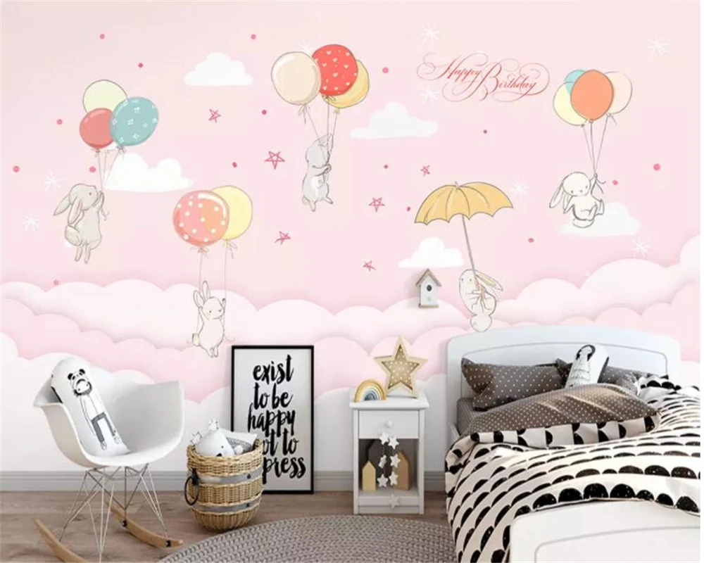 Custom cartoon 3d wallpaper cloud lovely rabbit balloon children room decoration painting background wall wallpaper 3d