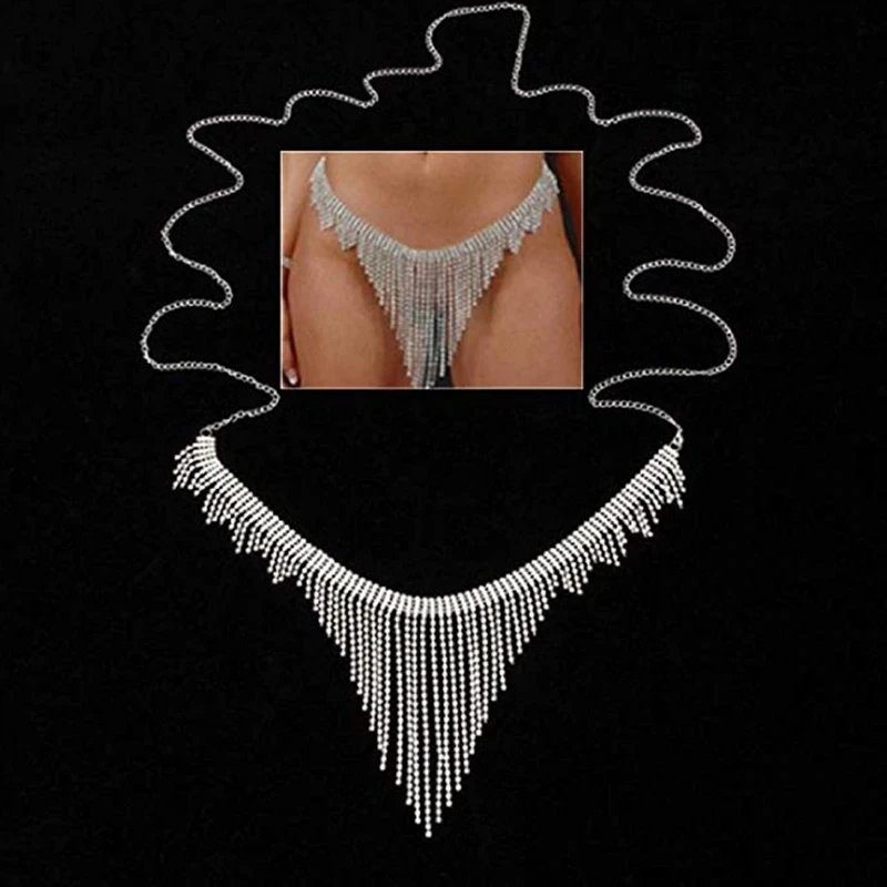 StoneFans Sexy Rhinestone Tassel Underwear Thong Panties For Women Crystal Body Chain Jewelry Hide-it Jewelry Valentine\'s Gift