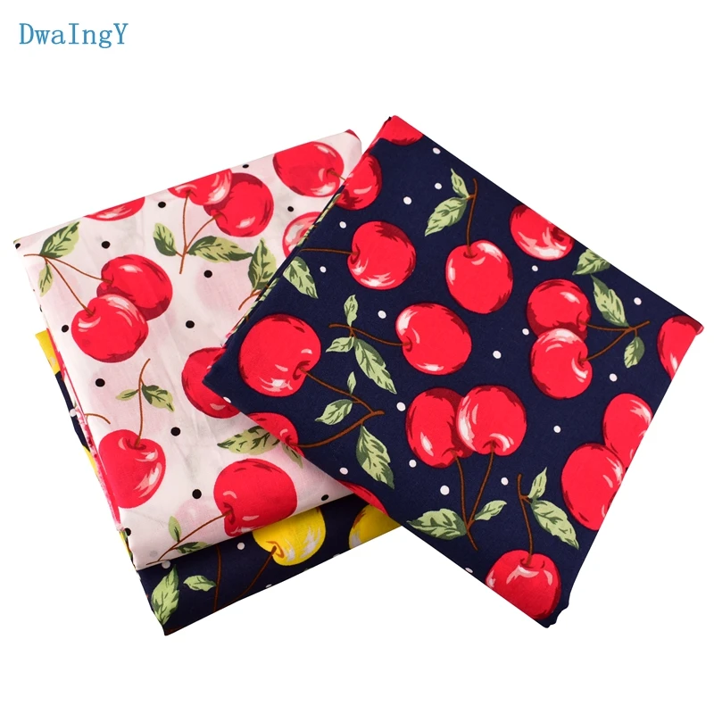 DwaIngY Cherry Printed Plain Poplin Cotton Fabric For Patchwork Quilting Sewing Cloth Dress Shirt Skirt Material Half Meter