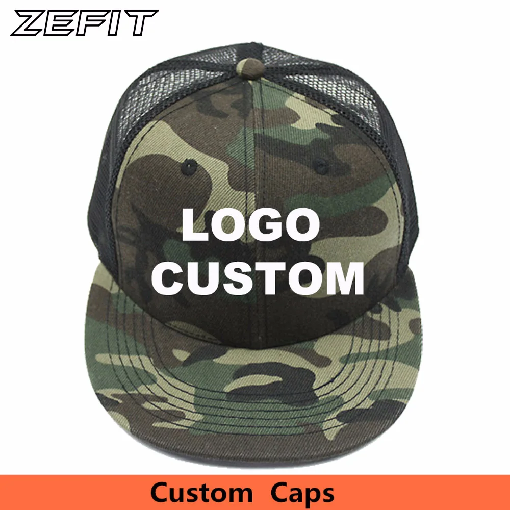 

Custom Trucker 3D Embroidery Text Printed Logo Flat Bill Hat Adjustable Personalize Baseball Special Troops Soldier Camo Cap