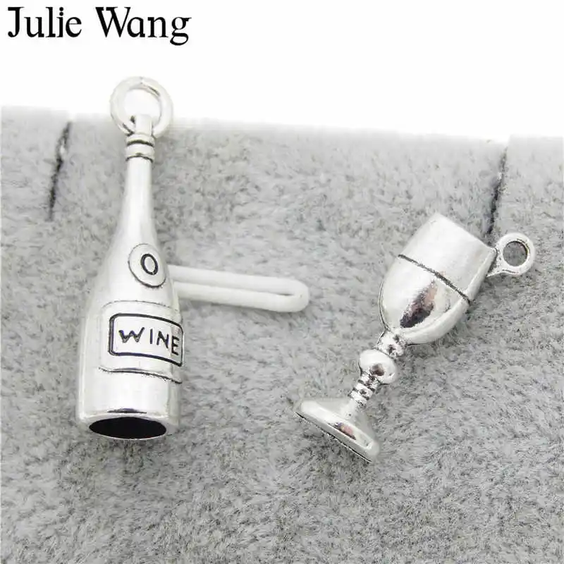 Julie Wang 12PCS Wine Bottle Goblet Charms Alloy Antique Silver Color Earrings Bracelet Jewelry Making Pendant Metal Accessory