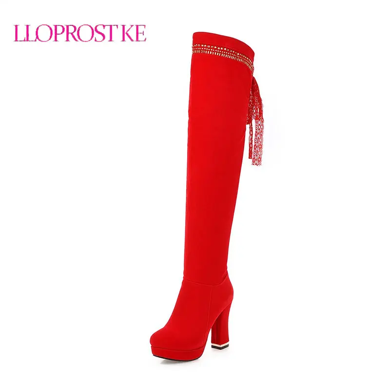 

LLOPROST KE Women Over Knee Boots Winter Hot Selling Women High Heel Boots Metal Decoration Botas Woman Plus Size 30-43 LYZ042