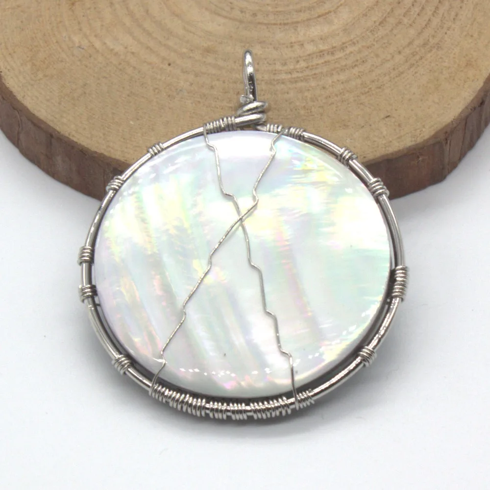 100-Unique 1 Pcs Personalized Silver Plated Abalone Shell Wire Winding Round Pendant For Gift Charm Jewelry