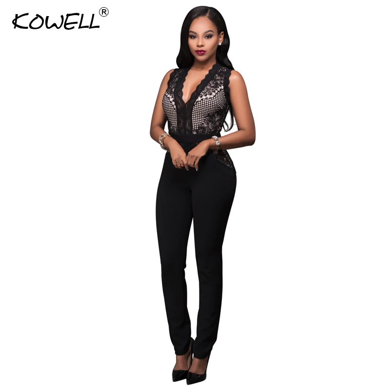 2018 New Fashion Sexy Women Jumpsuit V-Neck Lace Bodycon Full Length Jumpsuits Sexy Night Club Jumpsuits Rompers Overalls