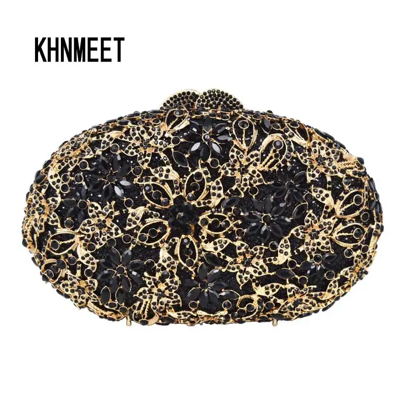 

KHNMEET Black Oval Customized Handcraft Evening handbags Luxury Gold rhinestone Wedding clutch bags Purse SC203