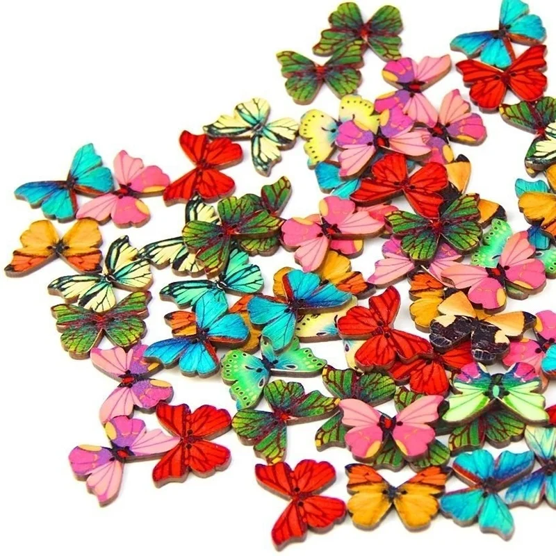 50pcs Butterflies Buttons Mixed Buttons Scrapbooking Wooden Snaps