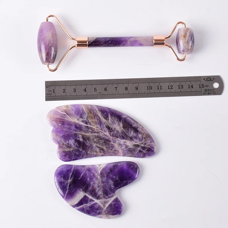 Rose Gold Face Roller Amethyst Gua Sha Tool Massage Set Natural Stone Acupuncture Scraping Body Healing Massager Health Care