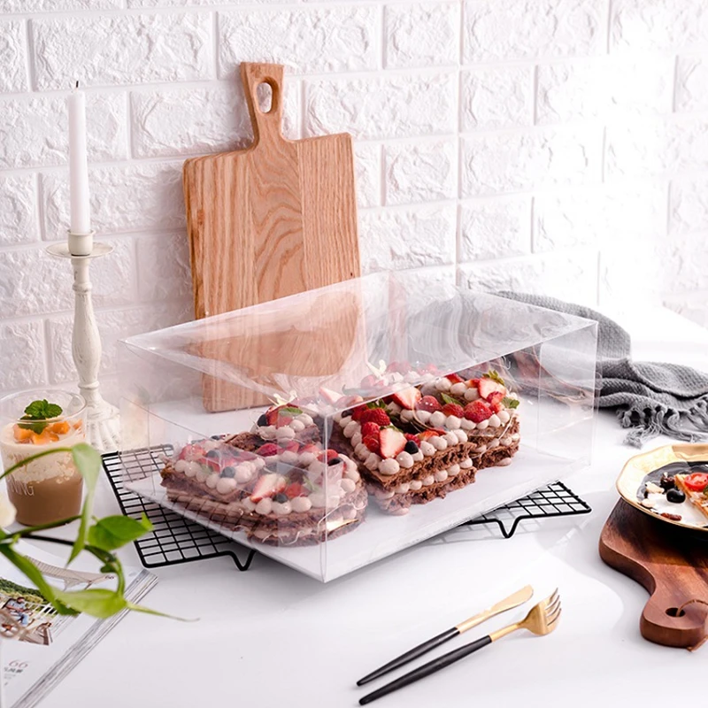 Transparent Food Grade PET Cake Packing Box, Rectangle Cup Cake Boxes, DIY Dessert, Pizza, Birthday Box Holder, Bakeware