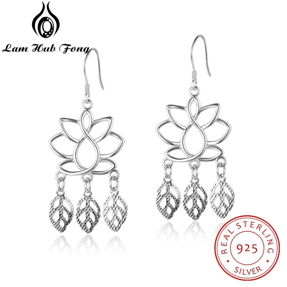 925 Sterling Silver Lotus Flower Drop Earrings for Women Hollow Leaf Dangle Earrings Wedding Accessories Gift (Lam Hub Fong)