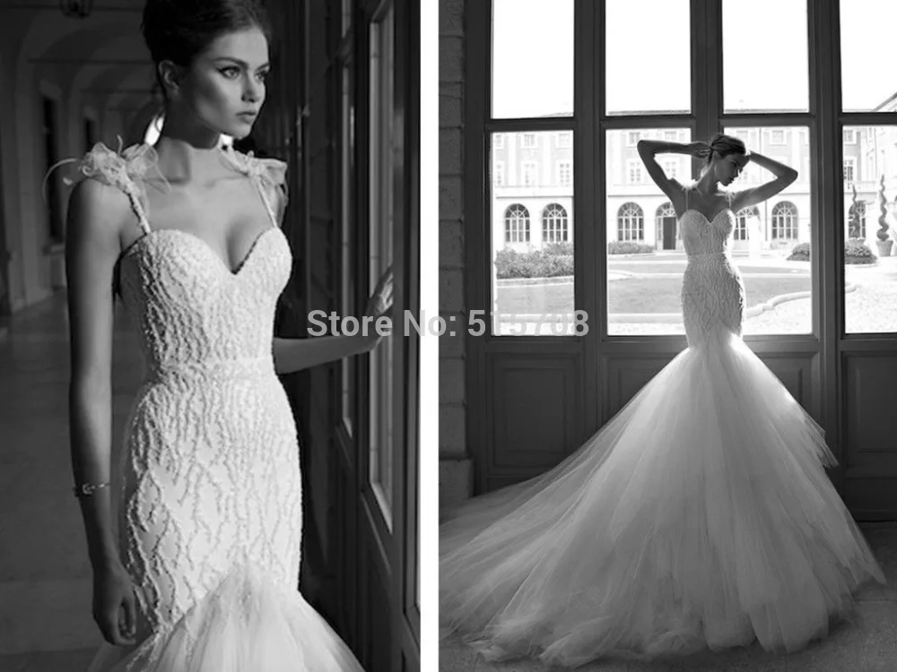 Newest White Mermaid Spaghetti Straps Backless Tulle Lace Wedding Dress Bridal Gown Cheap Free Shipping