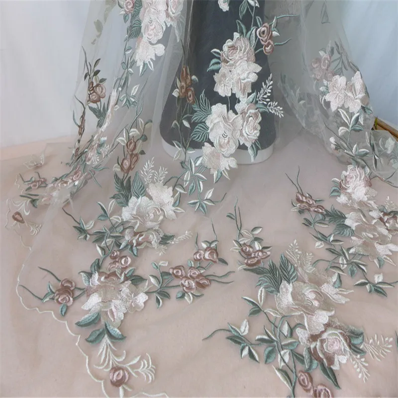 Light Green/Pink Floral Embroidered Tulle Mesh Organza Lace Fabric For Camera Backdrop Bridal Wedding Gown