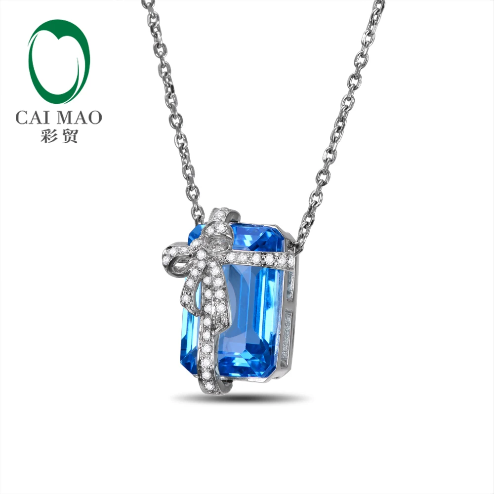 

14k White Gold Natural Flawless Blue Topaz Diamond Engagement Chain Pendant