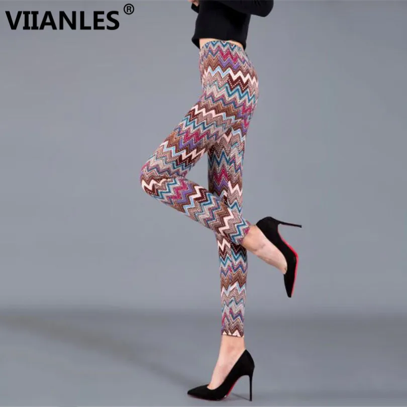 VIIANLES wave Striped Printed Legging High Waist  Pants Women Leggings Fitness Leggins Stretch Fashion Push Up Leggins Mujer