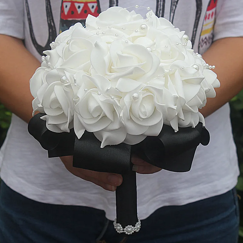 Cheap PE Rose Bridesmaid Wedding Foam Flowers Rose Bridal Bouquet Ribbon Fake Wedding Bouquet de noiva Customized