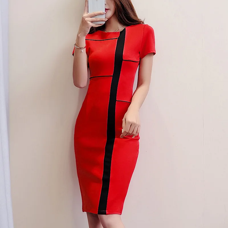 

Bodycon Pencil Office Dresses Summer 2019 Women Short Sleeve O Neck Elegant Dresses Patchwork Vintage Bandage Sexy Party Dress