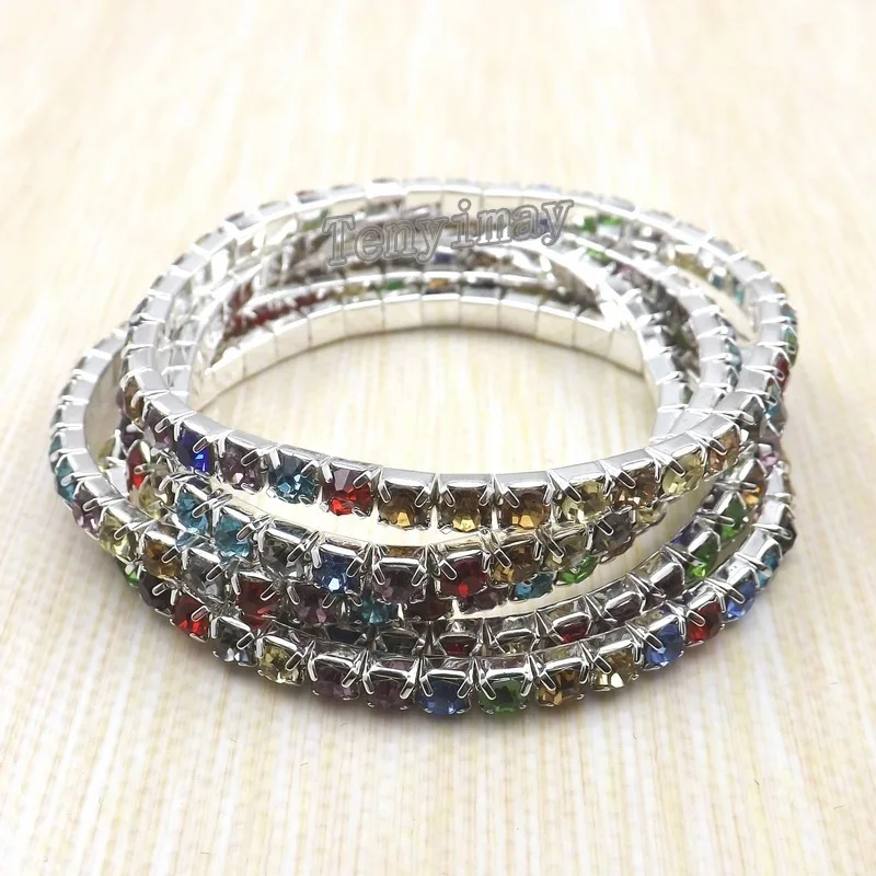 Free Shipping One Tier Multicolor Crystal Stretchy Bangle Rhinestone Bracelets Wholesale 50pcs