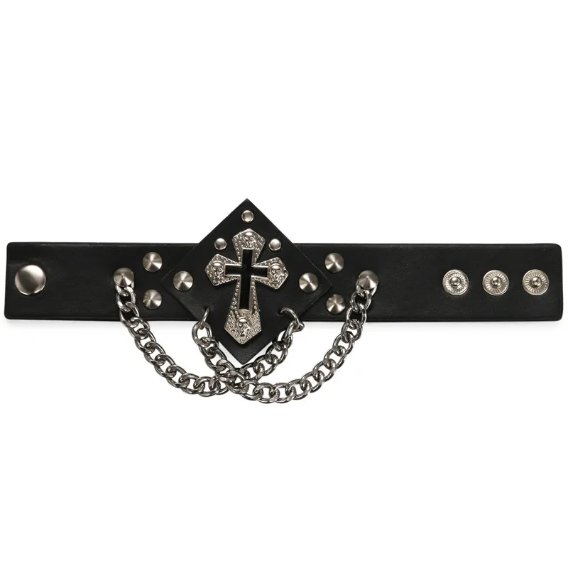 BONISKISS-pulsera de cuero con remaches negros Punk para hombres y mujeres, brazalete con picos, pulsera gótica de Cruz de Rock para joyería de