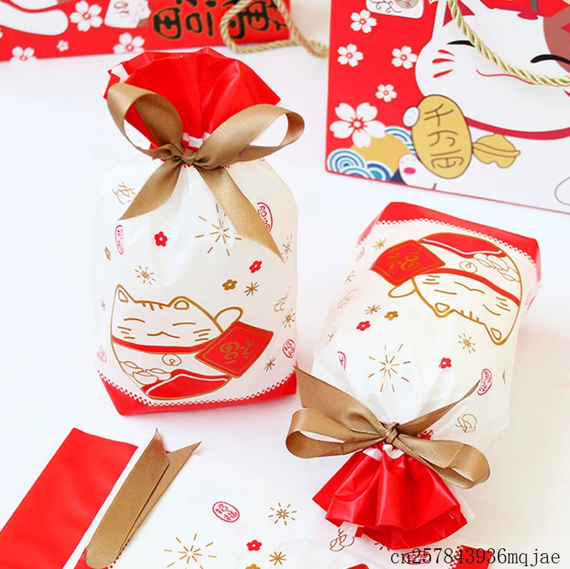 

300pcs Milk Nougat Packaging Pouch Red Fortune Cat Candy Bags Biscuit Drawstring Gift Bags Storage Bag