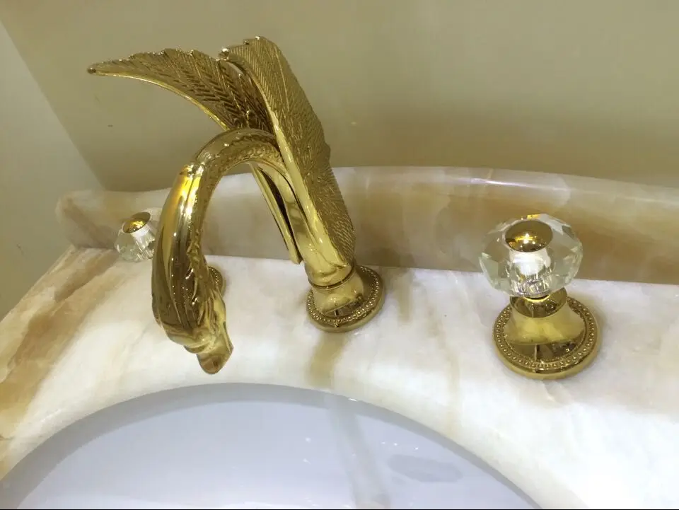 Free ship Gold Colour 3 pcs swan sink faucet widespread lavatory basin mixer tap New  Deck mounted Crystal handles