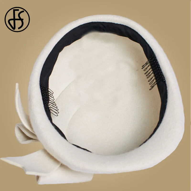 FS Elegant Beret Women\'s Wool Felt Fascinators Fedora Red Women Church Hats White Black Wedding Ladies Hat Bow Caps Pillbox Hat