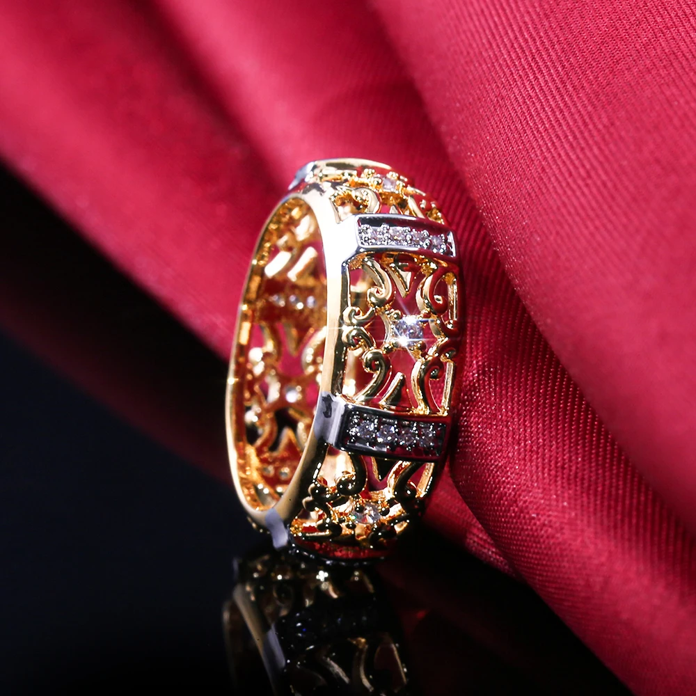 Huitan 2019 nowy etniczny pierścionek siły moda złoty kolor pusta opaska geometryczna cyrkonia sześcienna kamień gorąca sprzedaży pierścionek zaręczynowy — zdjęcie 4