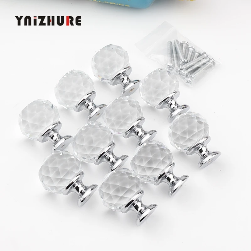 30mm 10Pcs Shining Crystal Ball Furniture cupboard wardrobe Handle Cabinet Drawer Dresser Door Pulls Knobs Handles with screw