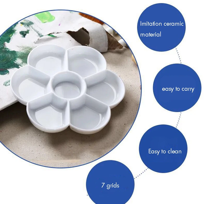 7-grid Plum Blossom Paint Palette Tray Imitation Ceramic for Acrylic Oil Watercolor Gouache Craft DIY Art Painting, White