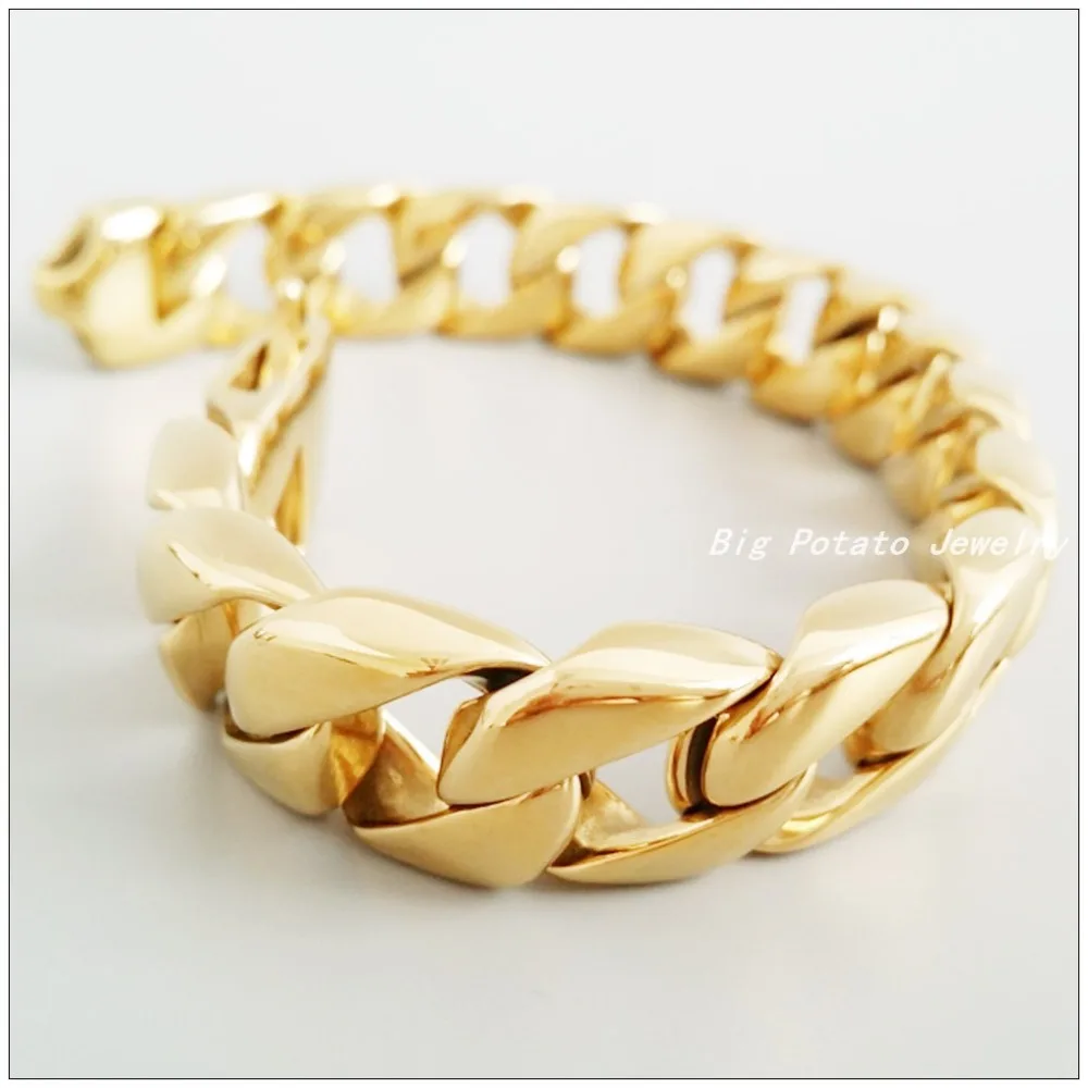 22cm*15mm New Fashion Bright Color Jewelry 316L Stainless Steel Gold Men\'s&Boy\'s Bracelets Bangles,Perfect Technology