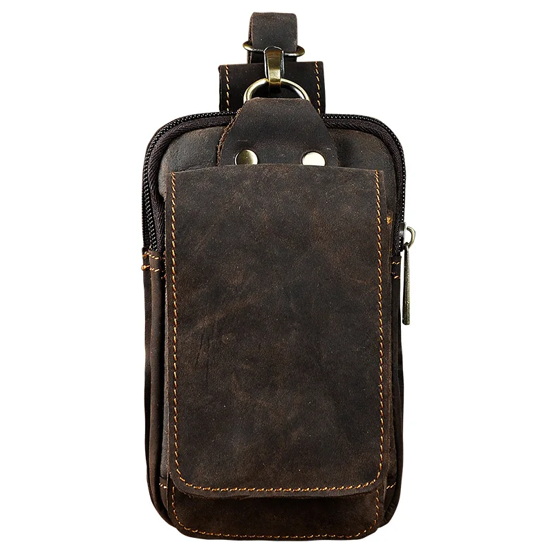 Real Leather men Casual Design Small Waist Bag Cowhide Fashion Hook Bum Bag Waist Belt Pack Cigarette Case 5.5\