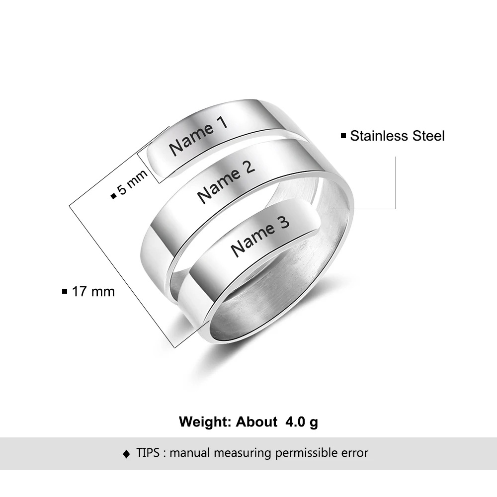 Personalized 3 Names Stainless Steel Adjustable Ring Engraved Name Stackable Wide Rings for Women Anniversary Gift(Lam Hub Fong)