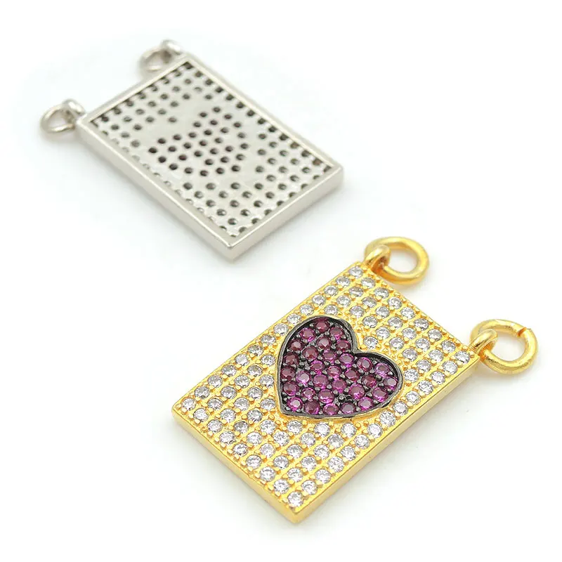 18*12*2mm Micro Pave Clear&Red CZ Rectangle Of Heart Relief Charm Of Double Circles Fit For Women As Necklaces Accessory