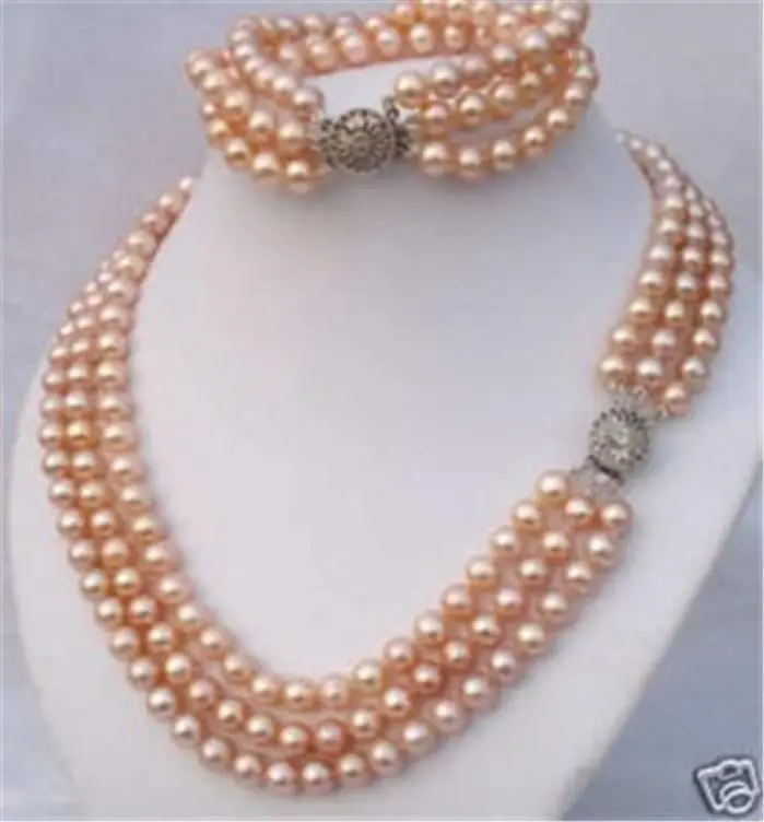 !  beautiful fashion  2015 new fashion  3 Rows 8mm Pink Shell Pearl Necklace Bracelet  set     JT6792