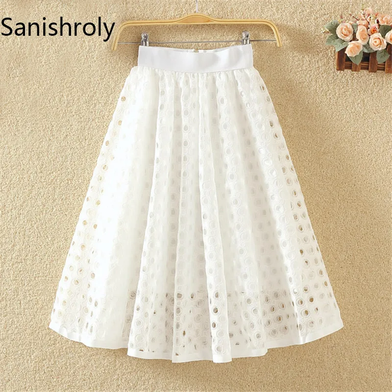 

Sanishroly 2023 New Women Summer Sweet Skirt Dot Hollow Out Lace Skirts Female A-Line Mini Skirt High Waist Ball Gown Skirt S036