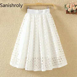 Sanishroly 2023 New Women Summer Sweet Skirt Dot Hollow Out Lace Skirts Female A-Line Mini Skirt High Waist Ball Gown Skirt S036